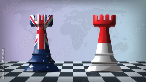 Two Standing Rooks Representing Australia vs Indonesia with Flags on Bodies and World Map in Background