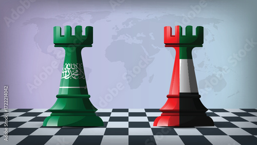 Two Standing Rooks Representing Saudi Arabia vs UAE with Flags on Bodies and World Map in Background