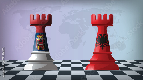 Two Standing Rooks Representing Albania vs Serbia with Flags on Bodies and World Map in Background