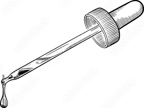 Detailed black and white line drawing of a dropper with liquid pipette science
