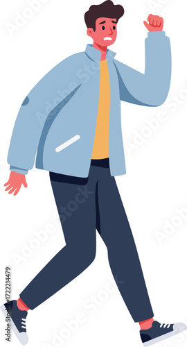 Young man walking briskly in casual clothing with blue jacket and sneakers vector illustration 