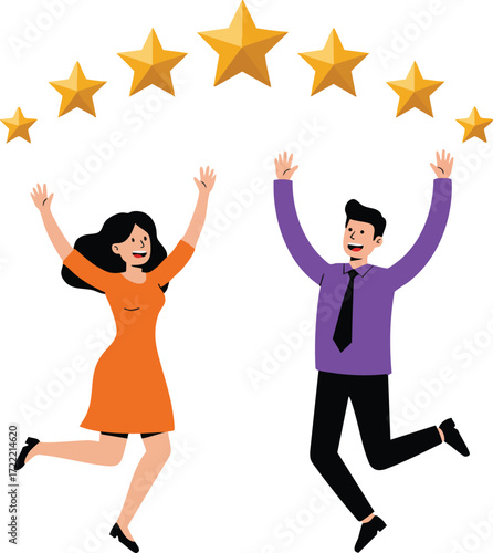 Happy man and woman jumping with seven stars rating above in customer satisfaction concept vector illustration 