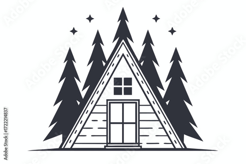 Minimalist AFrame Cabin with Pine Trees Design on White Background