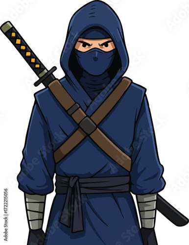 Ninja warrior character in dark blue outfit and mask holding katana sword vector illustration 