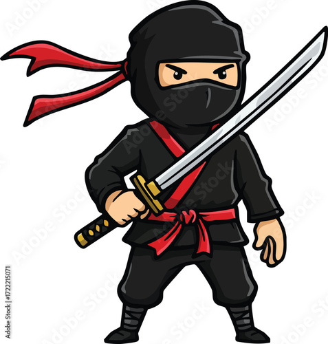 Ninja warrior character holding katana sword in black outfit with red headband and belt vector illustration 