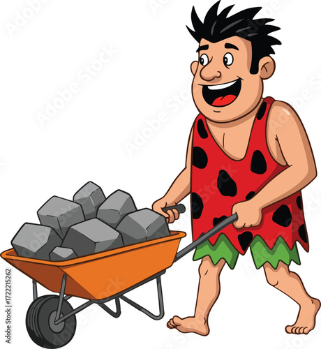 Cartoon caveman pushing wheelbarrow full of rocks prehistoric stone age character vector illustration 