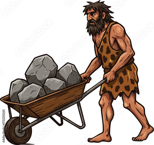Primitive prehistoric man pushing wheelbarrow with large stones in cartoon style vector illustration 