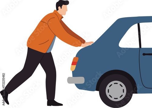 Man pushing broken down car on street in casual clothes vector illustration 