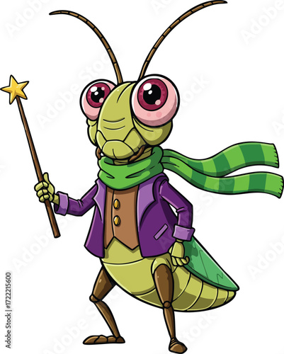 Cartoon grasshopper wizard character with purple jacket and green scarf holding magic wand vector illustration 