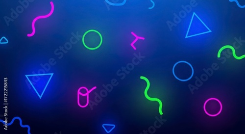 Vibrant Neon Geometric Shapes on a Dark Blue Background Abstract Design