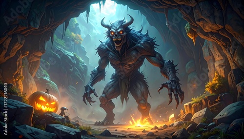 A monstrous creature, with horns and sharp claws, stands menacingly inside a cave. A lit jack-o'-lantern rests nearby. The scene evokes a Halloween vibe