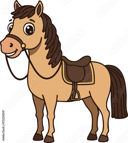 Cute brown horse with saddle and bridle cartoon vector illustration in standing position friendly animal design 