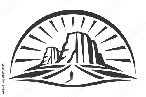 Minimalist Landscape with Rocky Peaks Silhouette and Solitary Figure Art