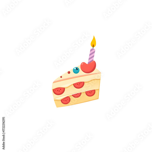 cartoon slice of birthday cake with candle and fruit isolated