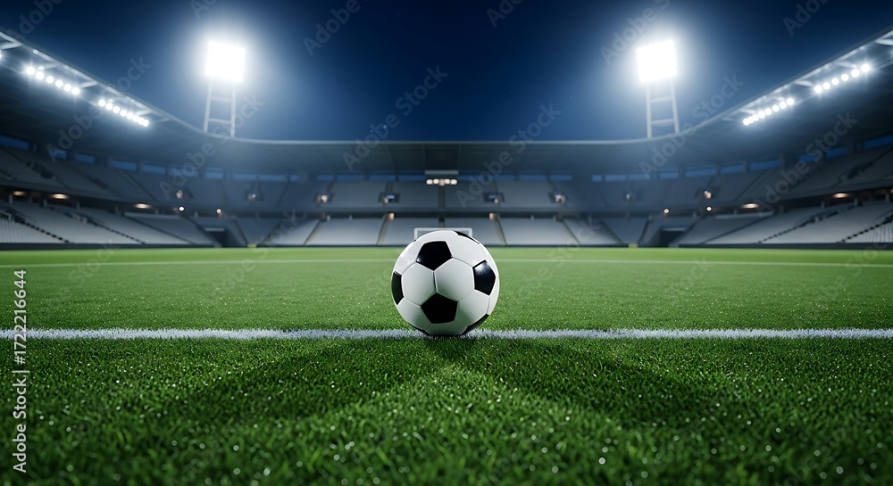 Fototapeta premium Soccer Ball on Field Under Stadium Lights at Night