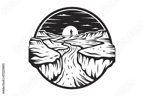 Minimalist Landscape with River, Man Silhouette, and Sunset on White