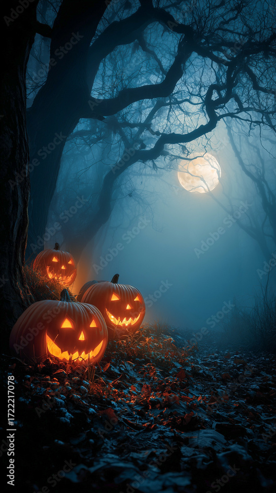 Naklejka premium Halloween background - Carved Orange Pumpkins with Glowing Faces in Dark Forest with Bare Trees and Full Moon in Night Sky.