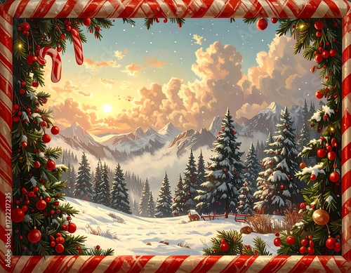 Snowy mountain vista framed by Christmas candy canes and berries