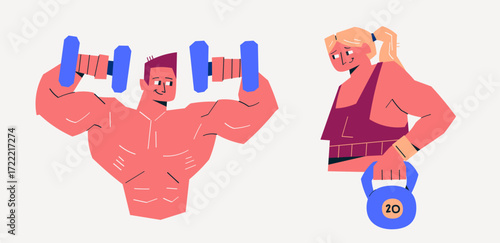 Vector illustration of strong man lifting dumbbells and sporty woman holding kettlebell. Flat fitness design for gym posters, sport advertising, workout concepts, and healthy lifestyle themes