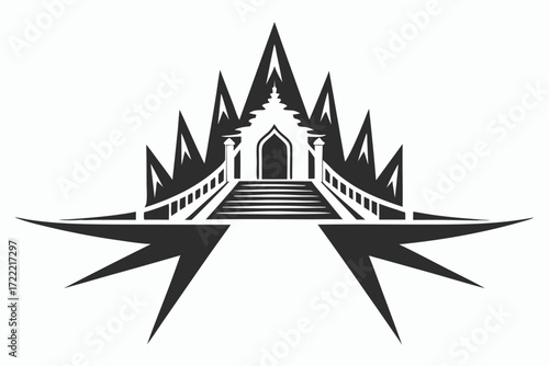Monochrome art of stylized temple structure with spiky design elements