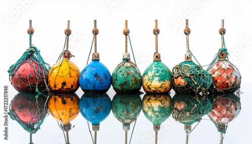 Row of colorful fishing bobbers with unique patterns and hooks, hanging vertically against white background