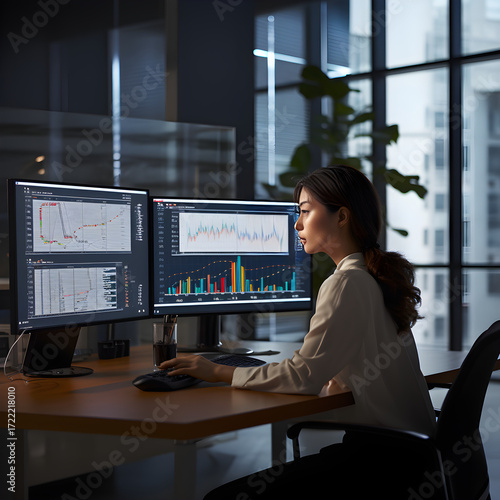 A proficient analyst fastiiously examining complex crporate data in a modern ofice setup