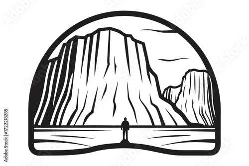Monochrome of a Man Gazing at Grand Cliffs on White
