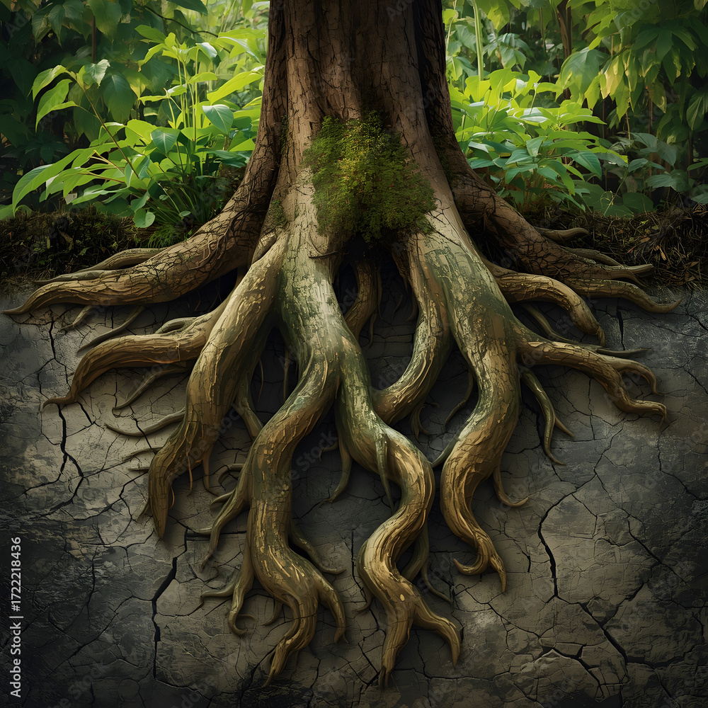 Naklejka premium A close-up shot of a strong, ancient tree's expansive root system and trunk, exhibiting nature's intricate beauty in perfect harmony.