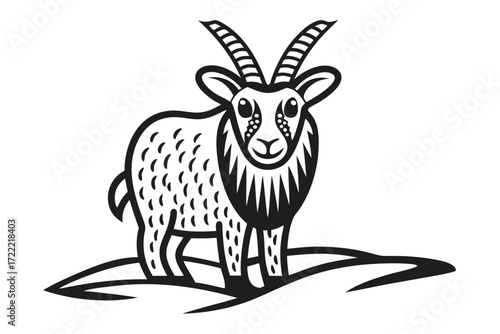 Monochrome of an Antelope with Horns, Standing on a Mound,