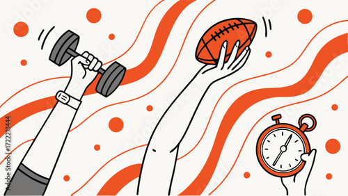 Dynamic hands holding sports equipment and stopwatch fitness exercise