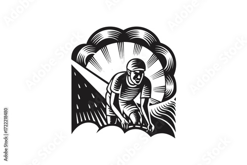 Monochrome of Man Climbing with Helmet and Striped Shirt Design