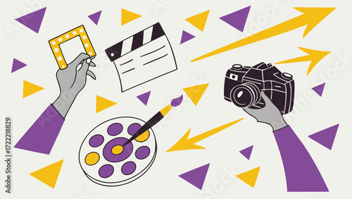 Hands holding camera clapperboard paint palette and film reel frame vector