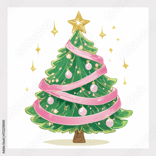 Wallpaper Mural Elegant Christmas Tree Vector — Festive Holiday Trees with Pink Ribbons, Ornaments, and Golden Stars Torontodigital.ca