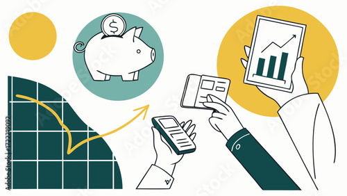 Hands interacting with financial data and piggy bank finance coin
