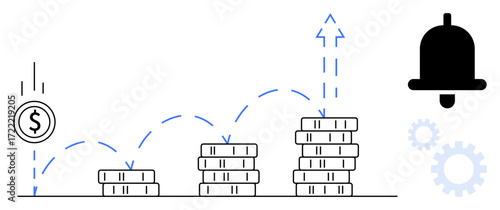 Coin bouncing on stacks of increasing height, arrows showing growth, bell icon, and gears suggest efficiency and progress. Ideal for finance, investment, strategy, growth, success planning