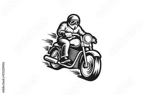 Motorcycle Rider in Helmet Icon with Speed Lines on White Background