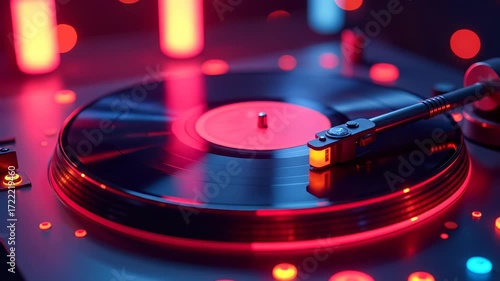 Closeup of a vinyl record player with red and blue lights