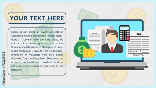Tax Bill, Tax Payment for Workers With Salary Illustration. Flat Simple Infographics Design Template. Presentation Graph. Vector Illustration for Business, Financial, Management.