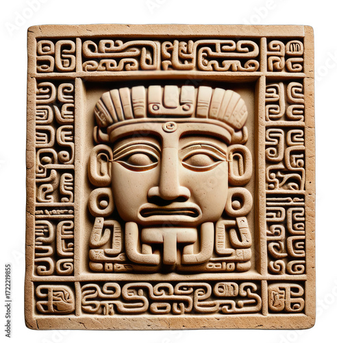 Carved stone face, ornate frame