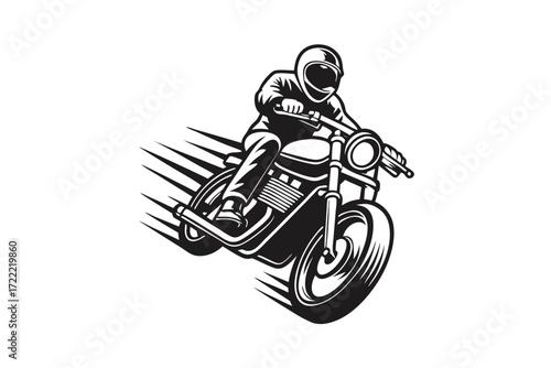 Motorcyclist in Helmet on Motorcycle Speeding in Black and White Style
