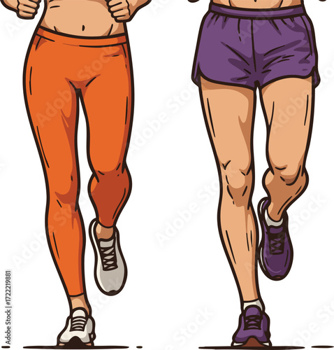 Female runners jogging in orange leggings and purple shorts fitness exercise illustration vector design 