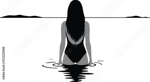 Woman in black swimsuit sitting in calm water landscape with islands in distance vector illustration 