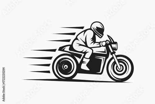 Motorcyclist Riding Vintage Bike in Monochrome, Speed Effect, White Background