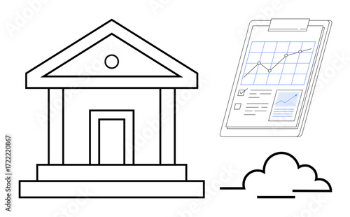 Bank structure with triangular roof, clipboard showing data charts, growth analytics, cloud. Ideal for banking, finance, investment, economy, analysis data visualization simple flat metaphor