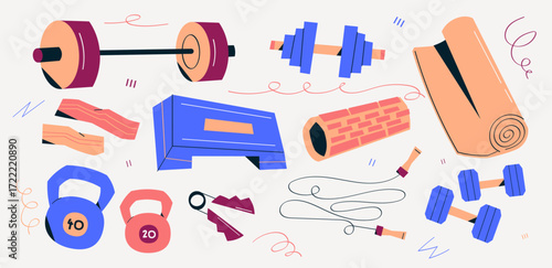 Gym equipment including dumbbells, barbells, kettlebells, step, roller, skipping rope, mat, expander and sport accessories. Modern flat design isolated on light background. Vector set