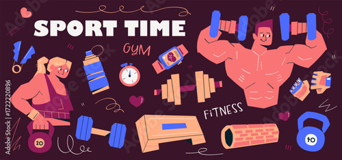 Vector set with strong man lifting dumbbells, woman with kettlebell, barbell, step platform, foam roller, gym gloves, skipping rope, stopwatch, protein, water bottle, smartwatch