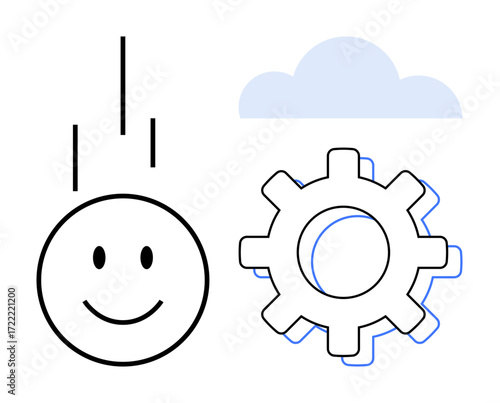 Happy face paired with gear and cloud, suggesting technology, cloud innovation, productivity, and ease. Ideal for tech, teamwork, creativity, problem-solving positivity productivity simple flat