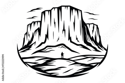 Mountain Range Silhouette with Hiker on White Background Landscape View