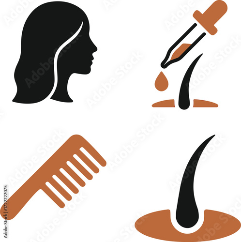Two-Color Silhouette Vector Icons Pack of 4 on PRP Hair Treatment and Hair Care – Minimalist Black and Brown Hair Growth and Scalp Therapy Symbols on White Background
