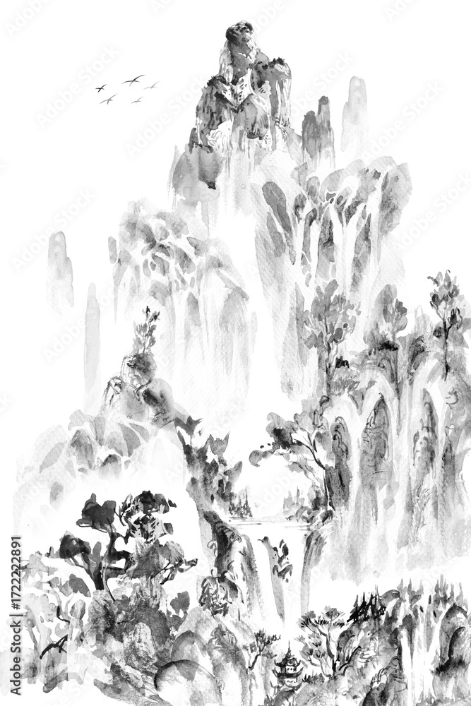 Obraz premium Watercolor Traditional Chinese Landscape Painting